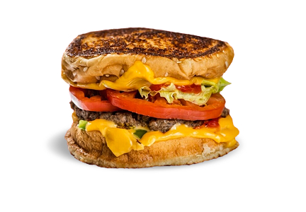 The Five Guys Patty Melt, a grilled cheese sandwich with a patty in between. Dressed with lettuce, tomato, and ketchup